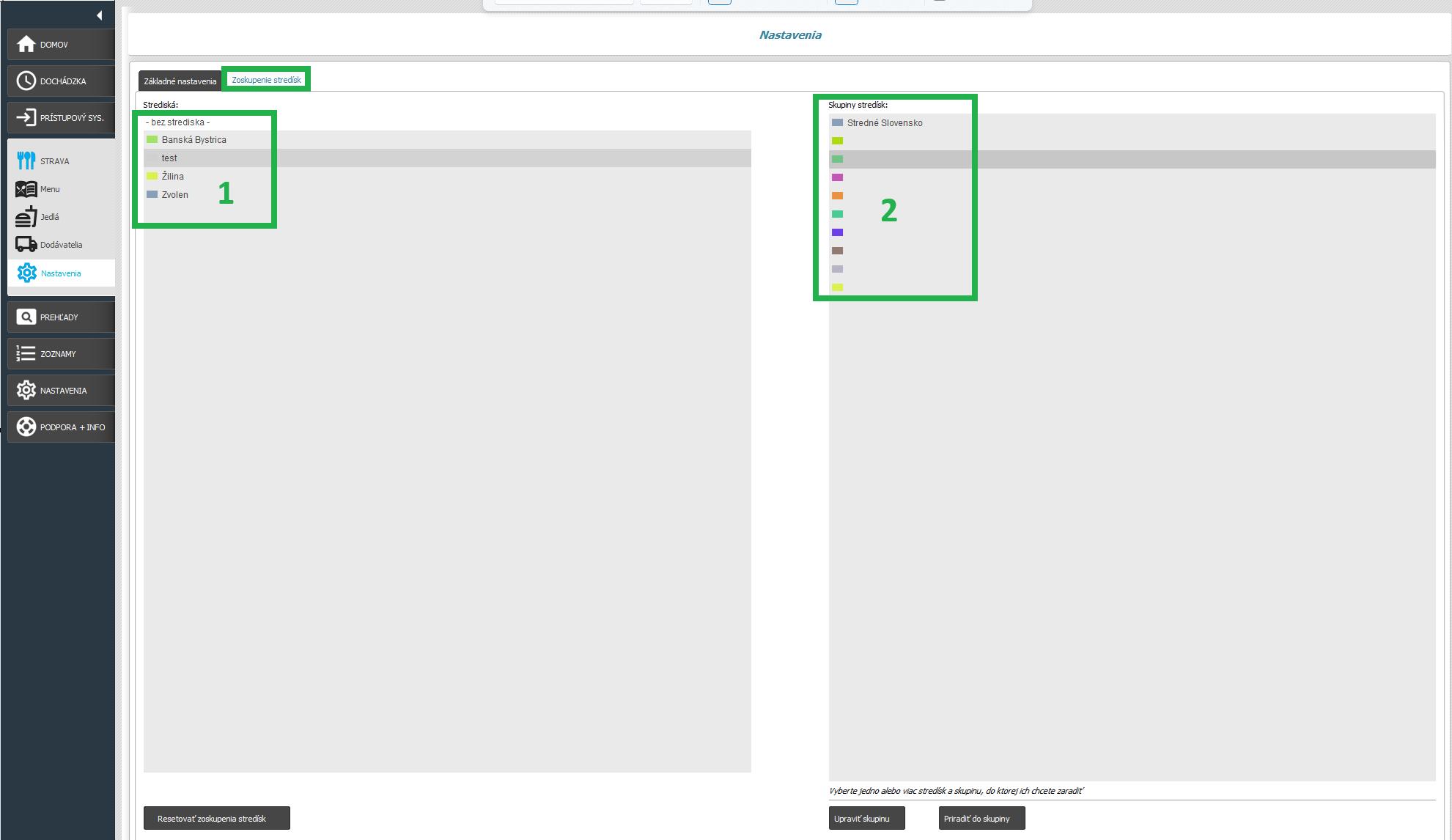 Strava - Nastavenia - zoskupenia stredísk