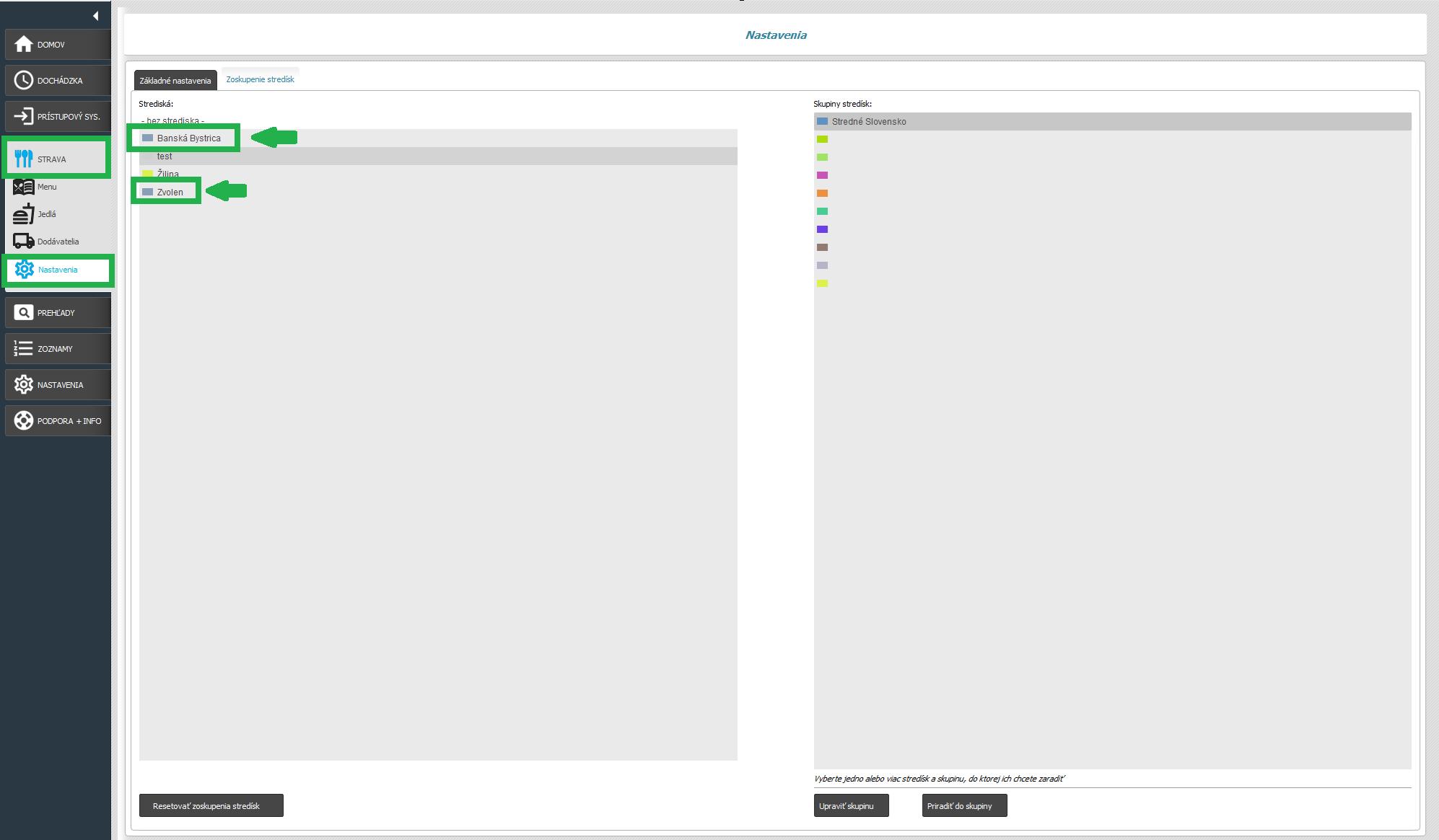 Strava - Nastavenia - zoskupenia stredísk - priradenie stredísk ku skupinám