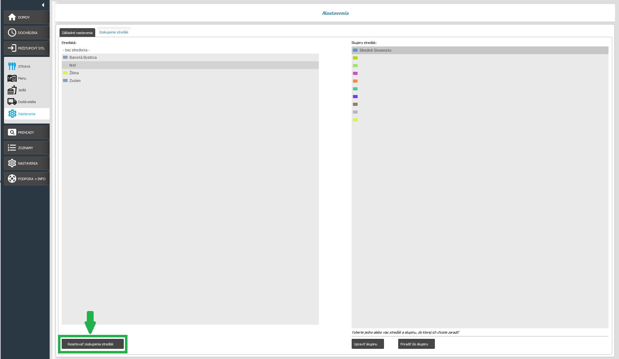 Strava - Nastavenia - zoskupenia stredísk - resetovať zoskupenie stredísk