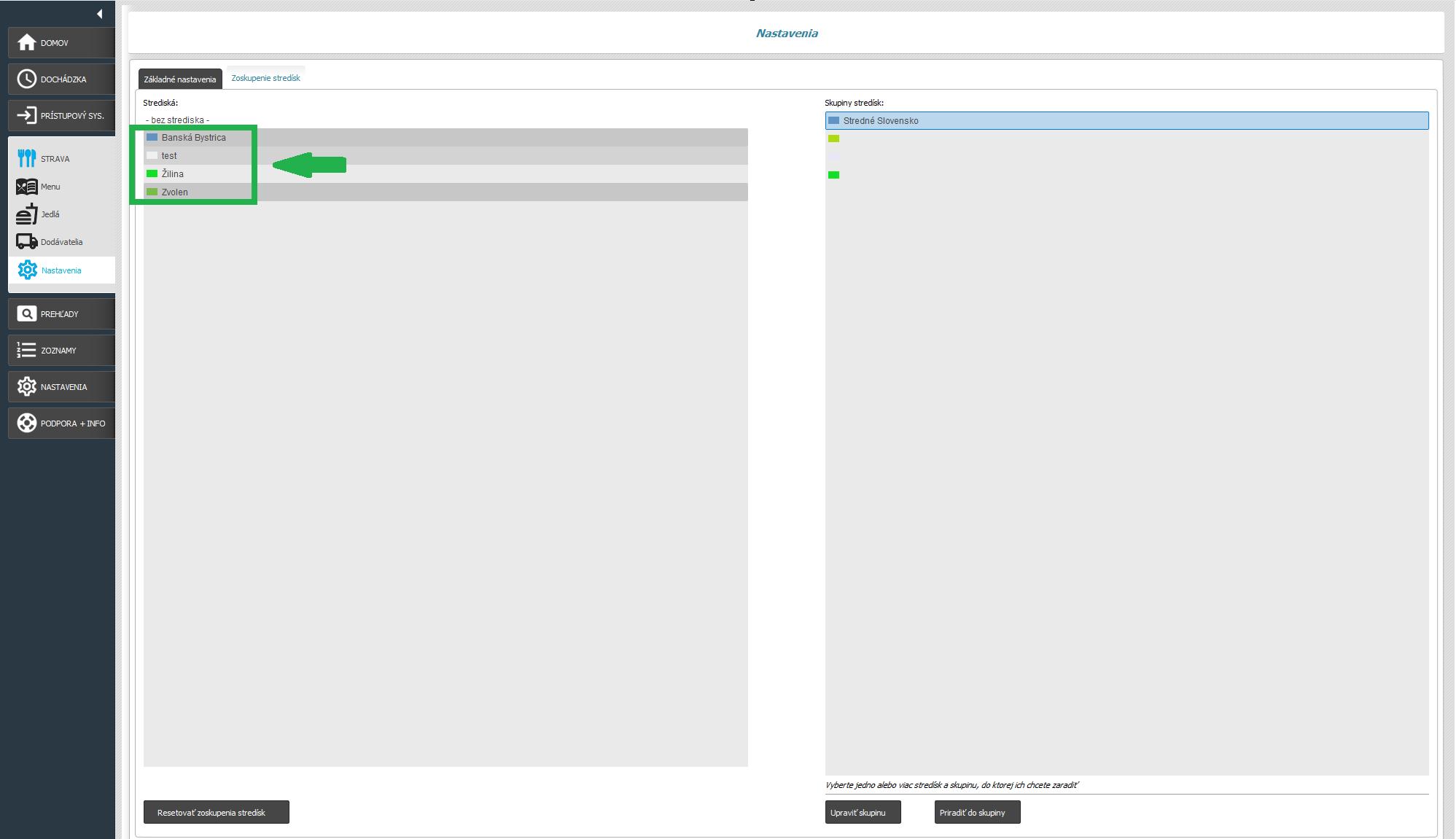 Strava - Nastavenia - zoskupenia stredísk - farebné skupiny