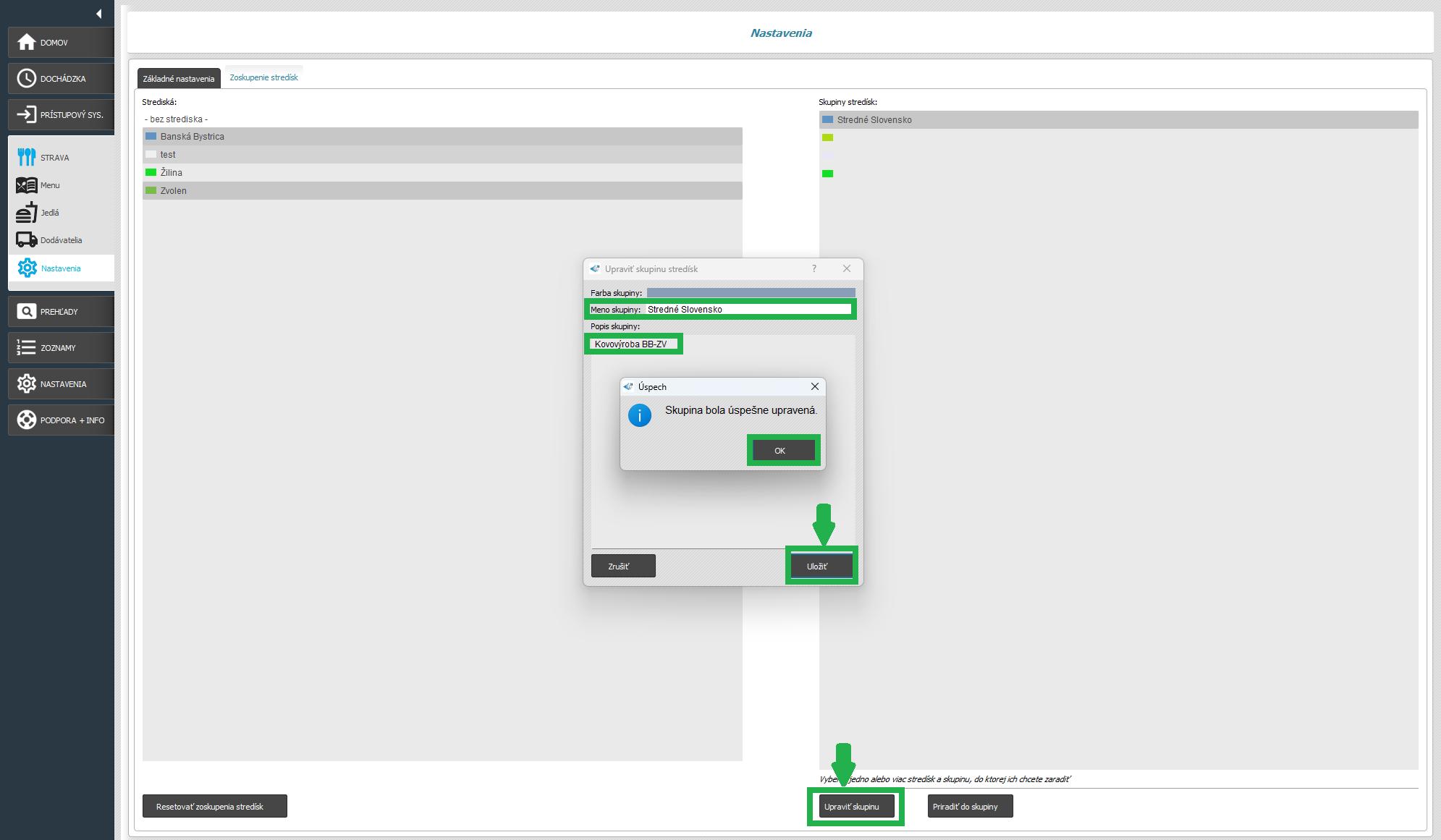 Strava - Nastavenia - zoskupenia stredísk - farebné skupiny