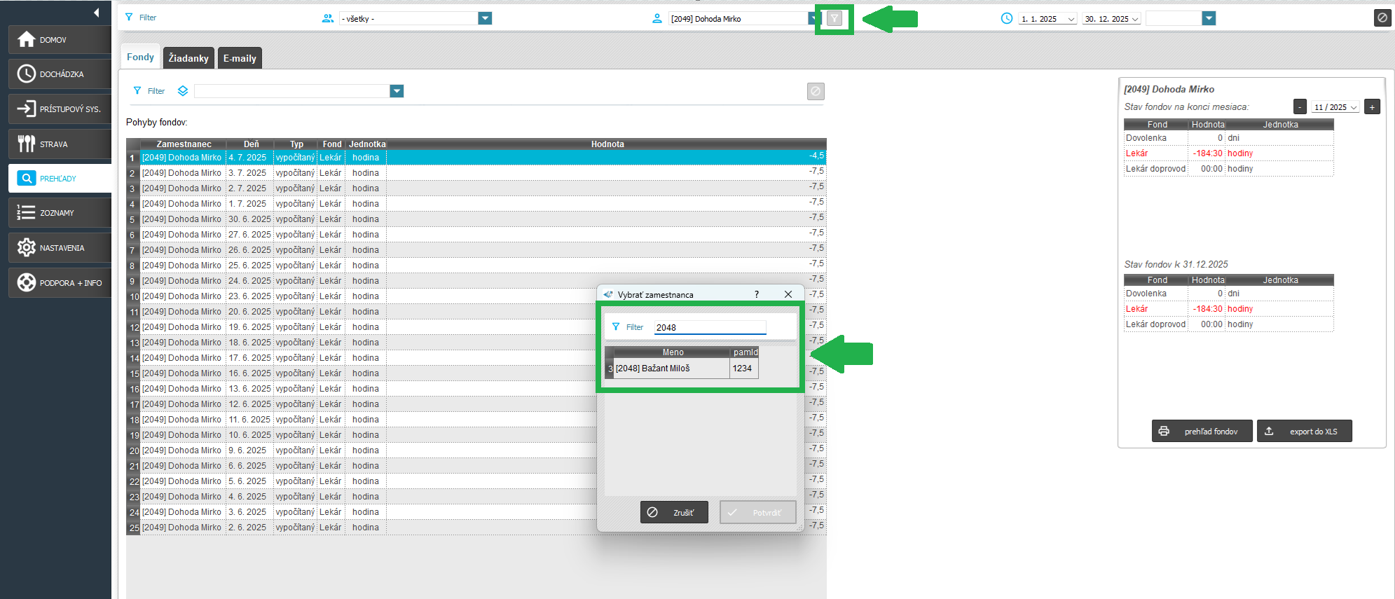 Prehľady - Filter zamestnanca