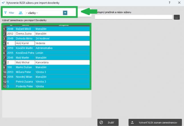 Prehľady - Fondy - Import dovolenky - vytvoriť xls zoznam zamestnancov