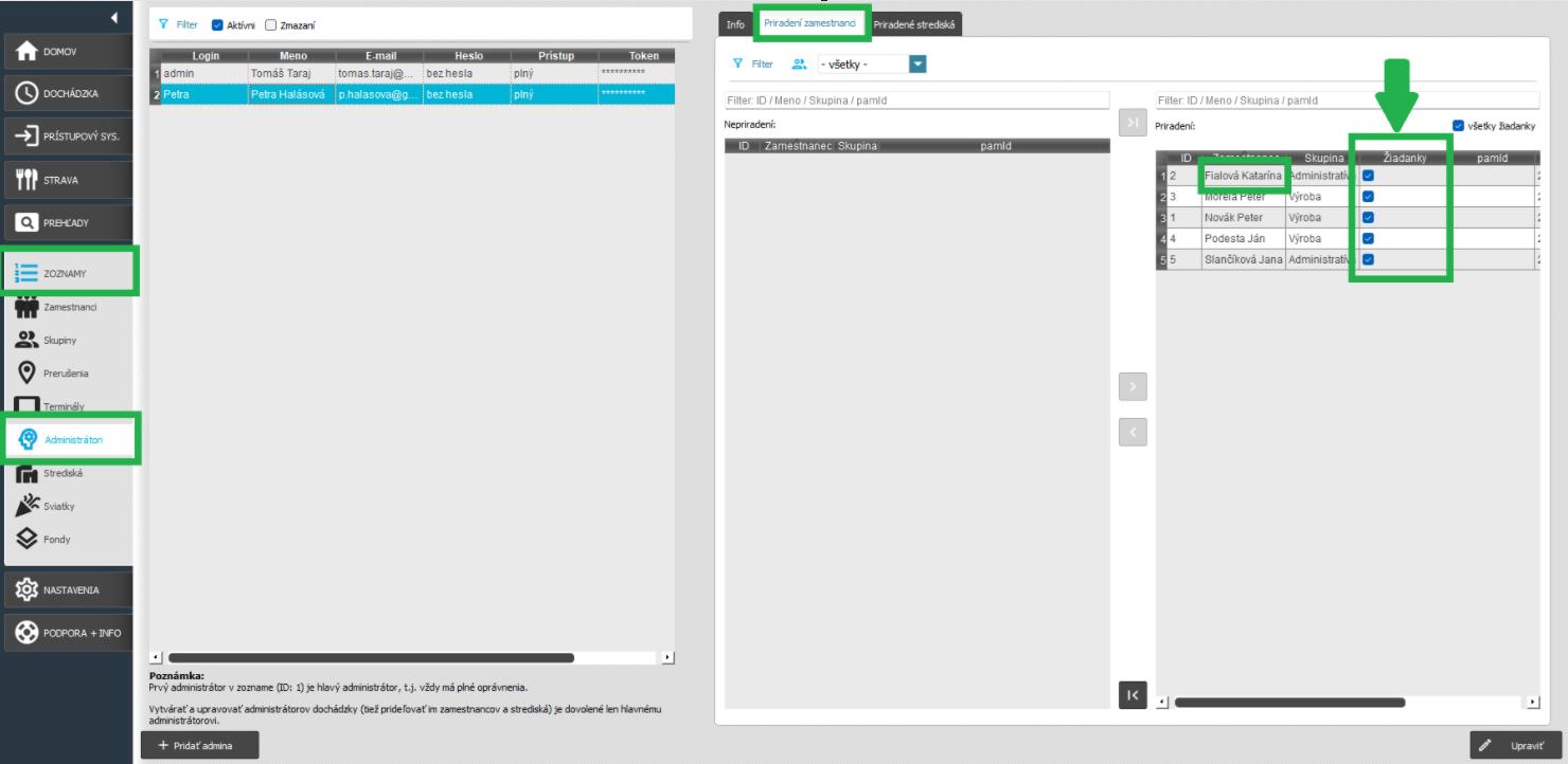 Administrátor - priradený zamestnanec - žiadanky