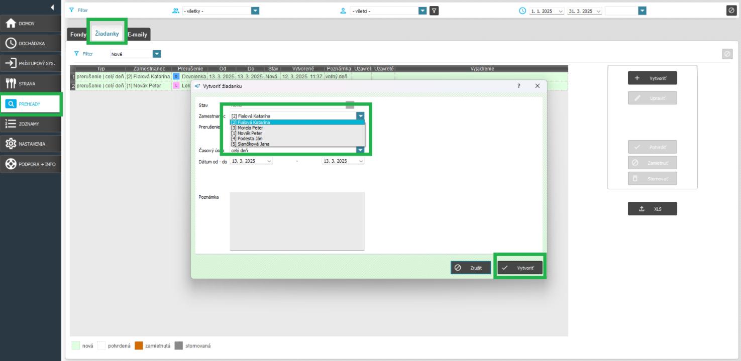 Vytvorenie žiadanky administrátorom