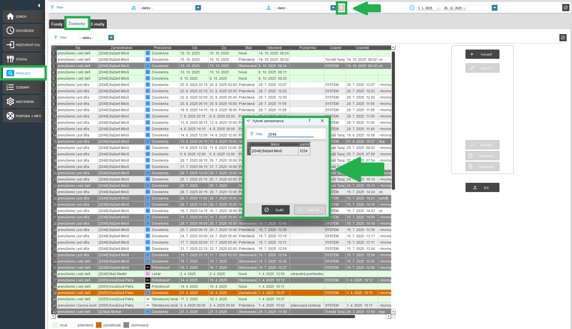 Prehľady - Filter zamestnanca