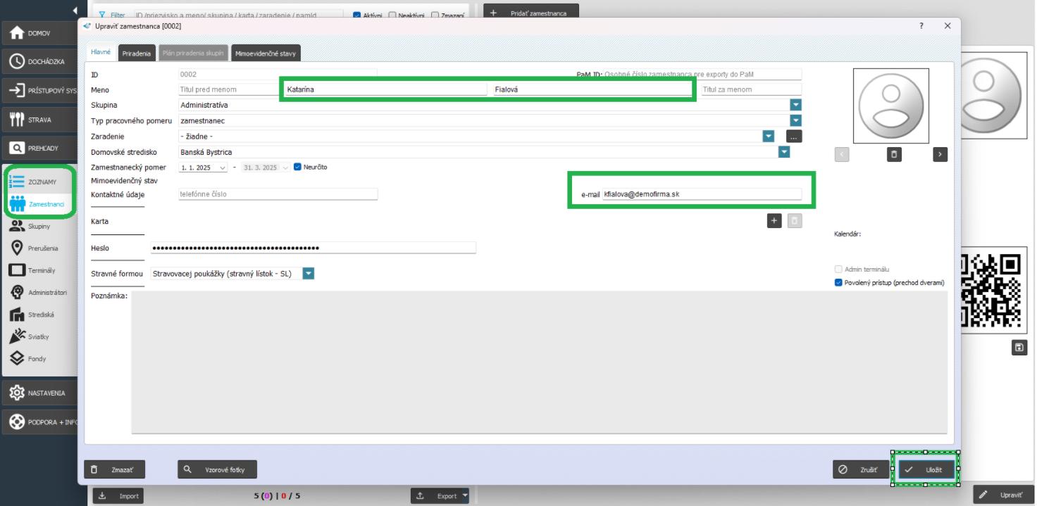 Zadanie e-mailu zamestnancovi