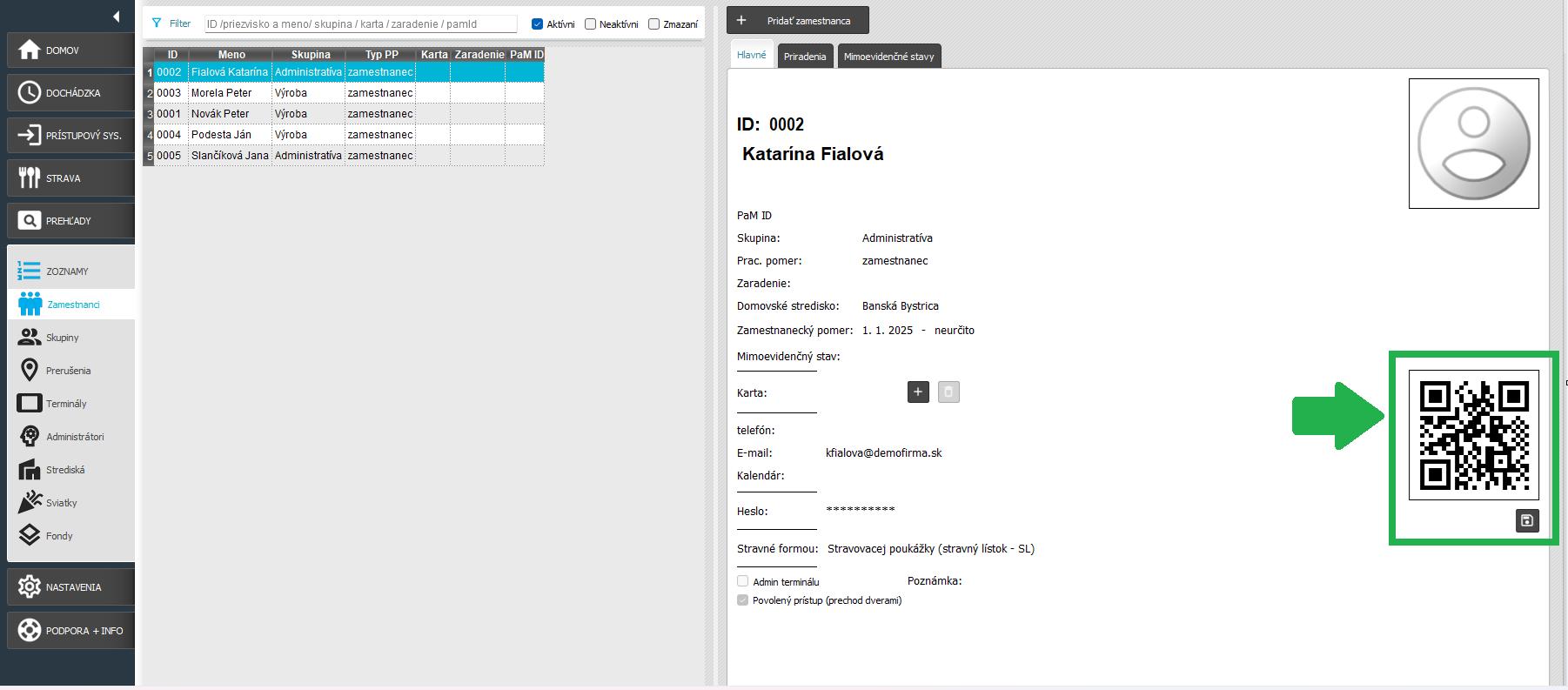 QR kód v karte zamestnanca