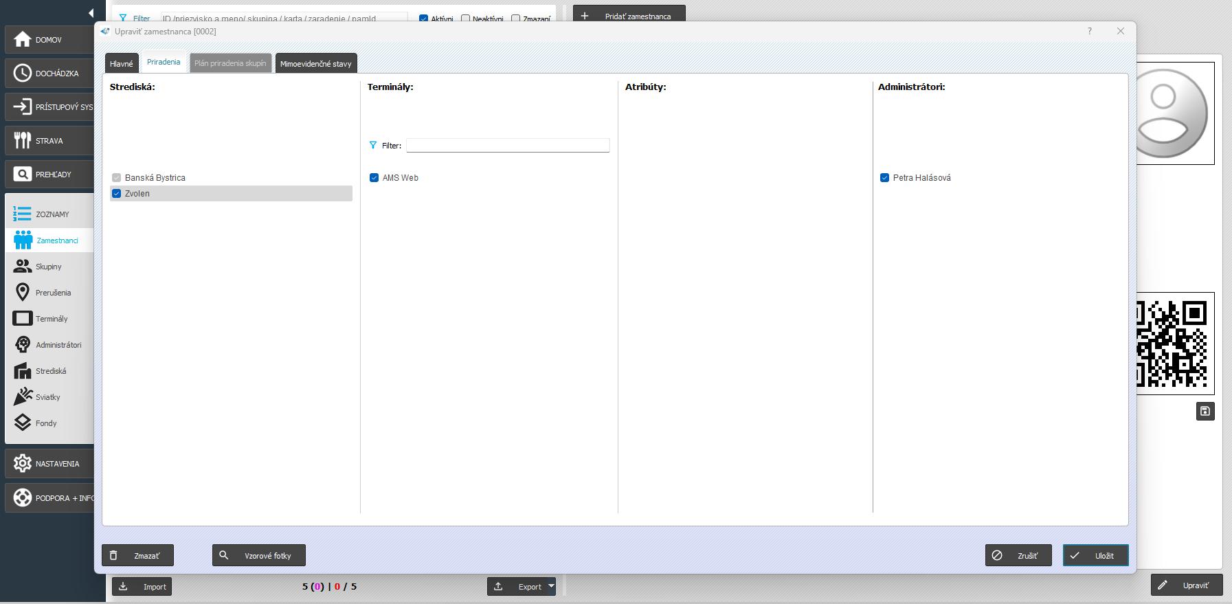 Priradenia v karte zamestnanca