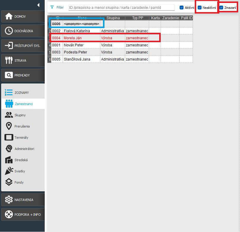 filtre v zozname zamestnancov