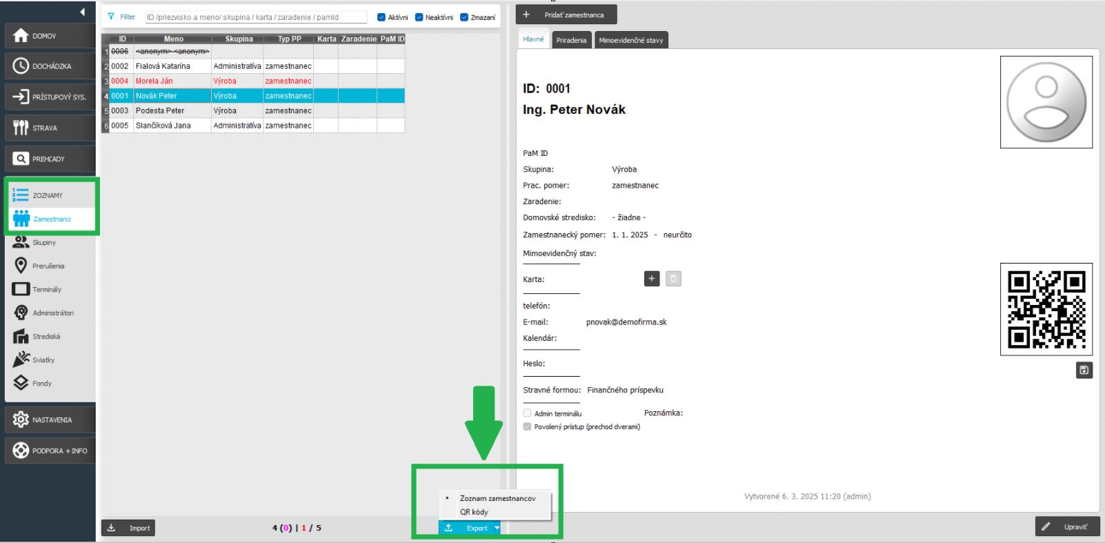 Tlačidlo export zamestnancov