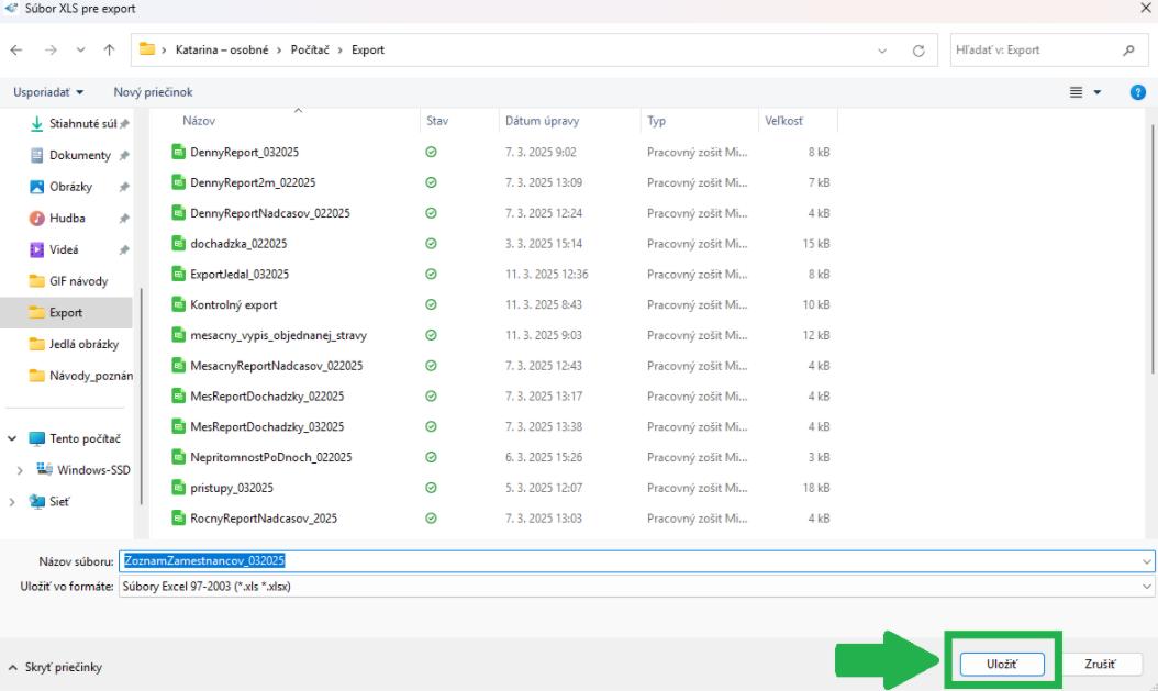Uloženie exportného súboru - zamestnanci