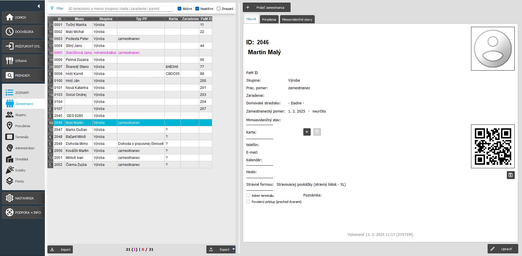 Náhľad zamestnaneckej karty po importe