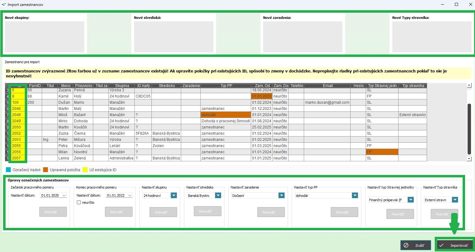 Import zoznamu zamestnancov - kontextové okno