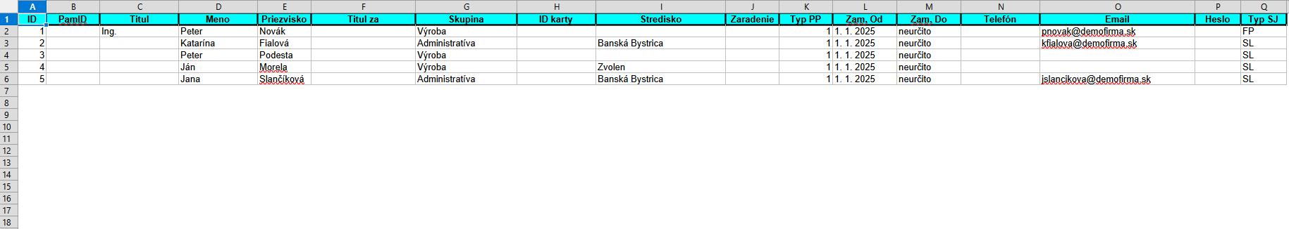Exportný súbor pri exporte zoznamu zamestnancov - vyplnený