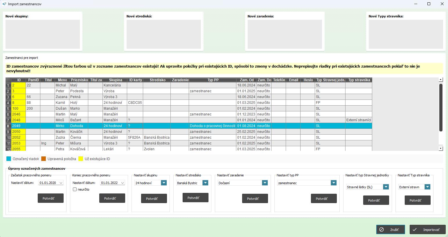 Kontextové okno pre import zamestnancov