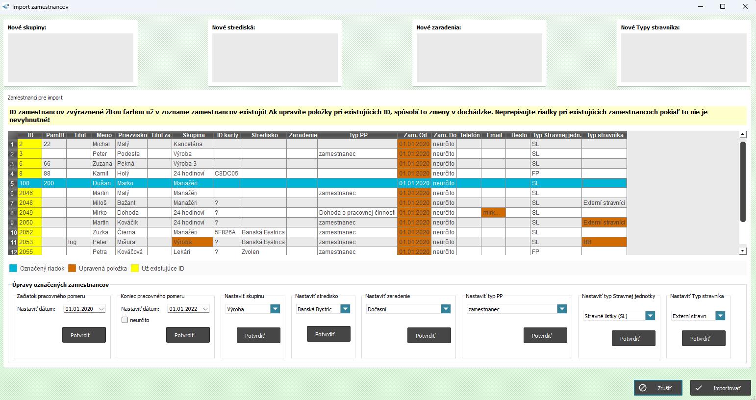 Kontextové okno pre import zamestnancov - po vykonaných zmenách