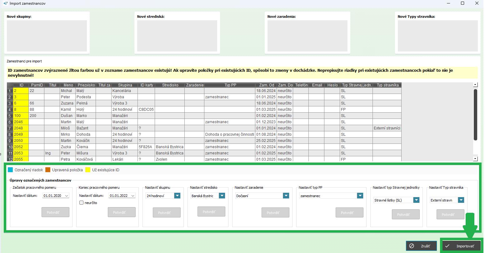 Kontextové okno pre import zamestnancov - import bez zmien v kontextovom okne
