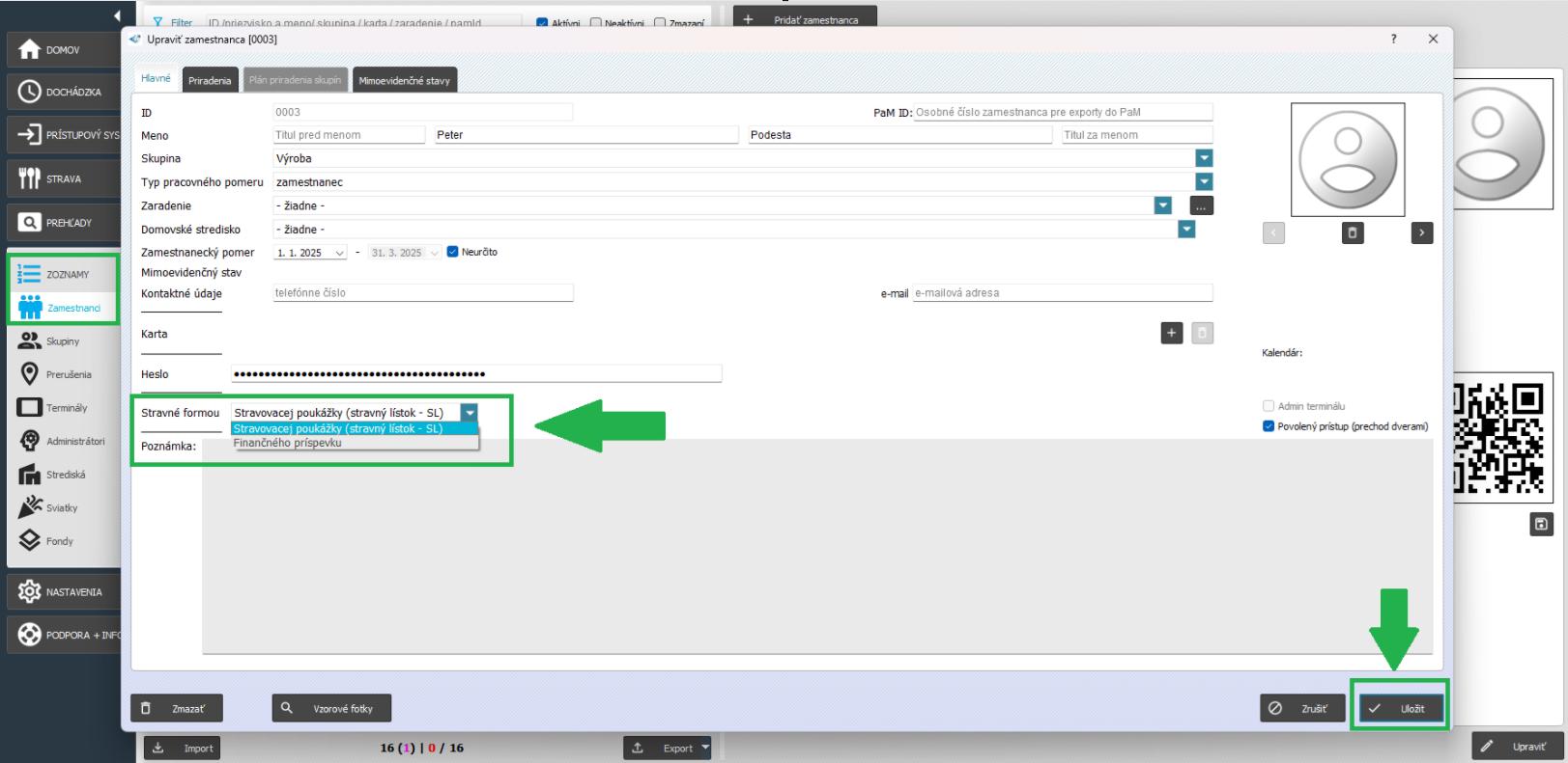 Nastavenie stravného v karte zamestnanca