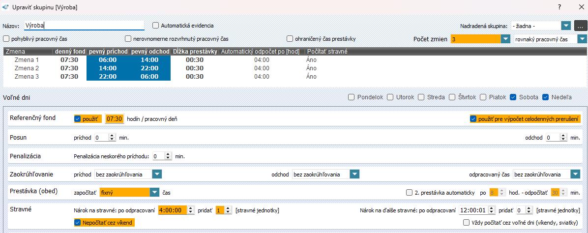 Nastavenie stravného v skupine