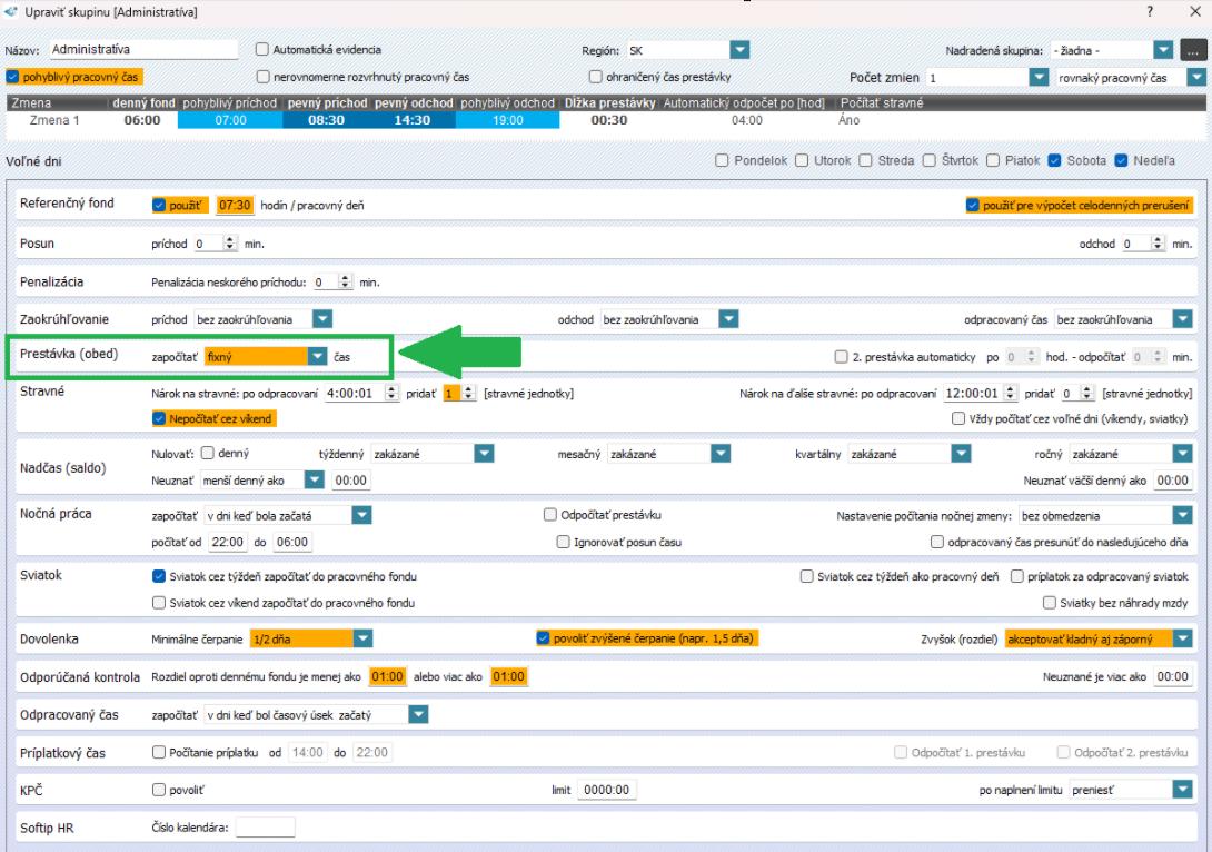 Fixný čas prestávky v nastaveniach skupiny