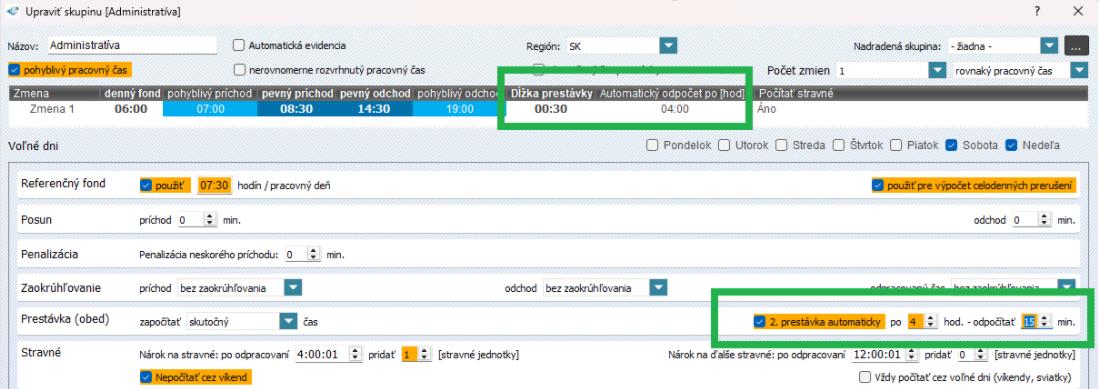 Skutočný čas prestávky, Automatický odpočet v nastaveniach skupiny