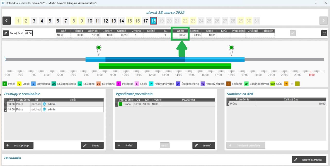 Skutočný čas prestávky, Automatický odpočet v detaile dňa