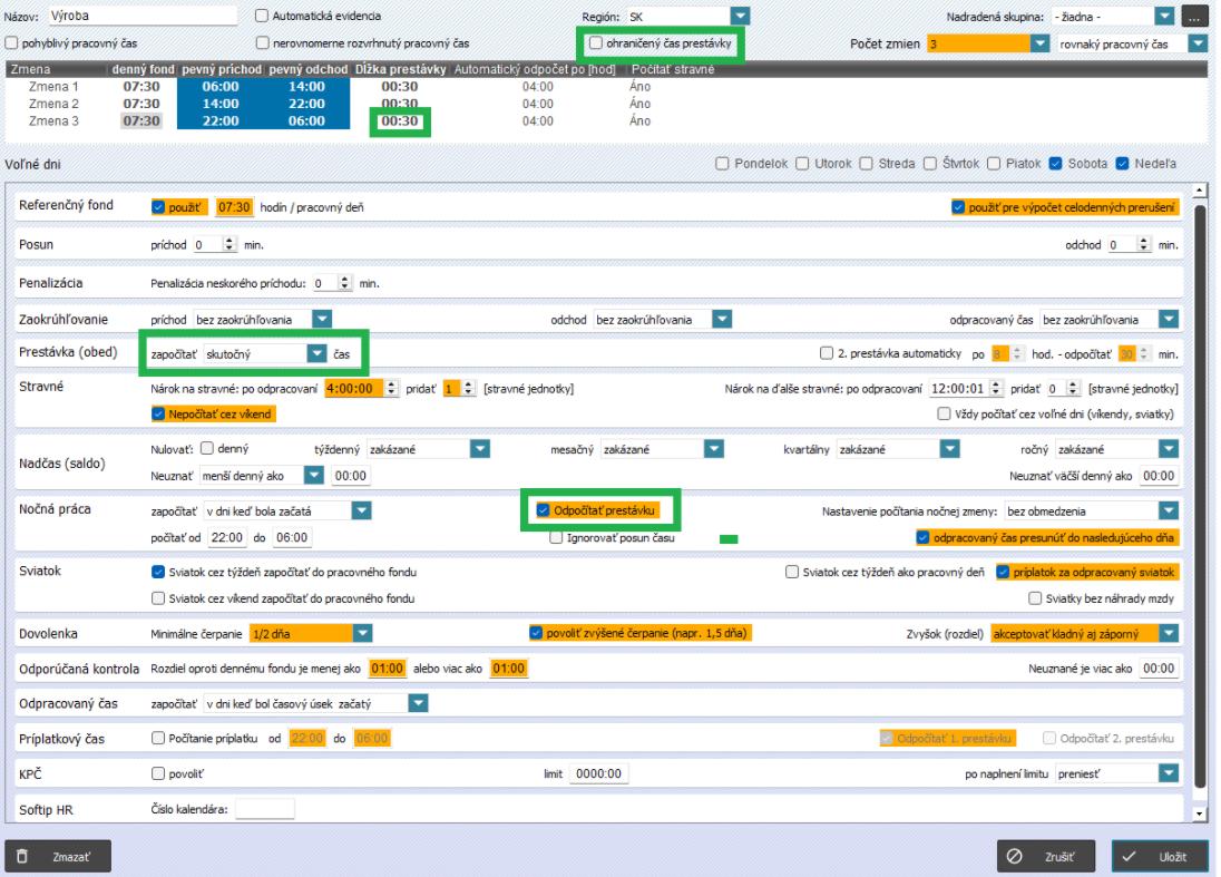 Automatické odpočítanie prestávky z nočnej - v nastaveniach skupiny