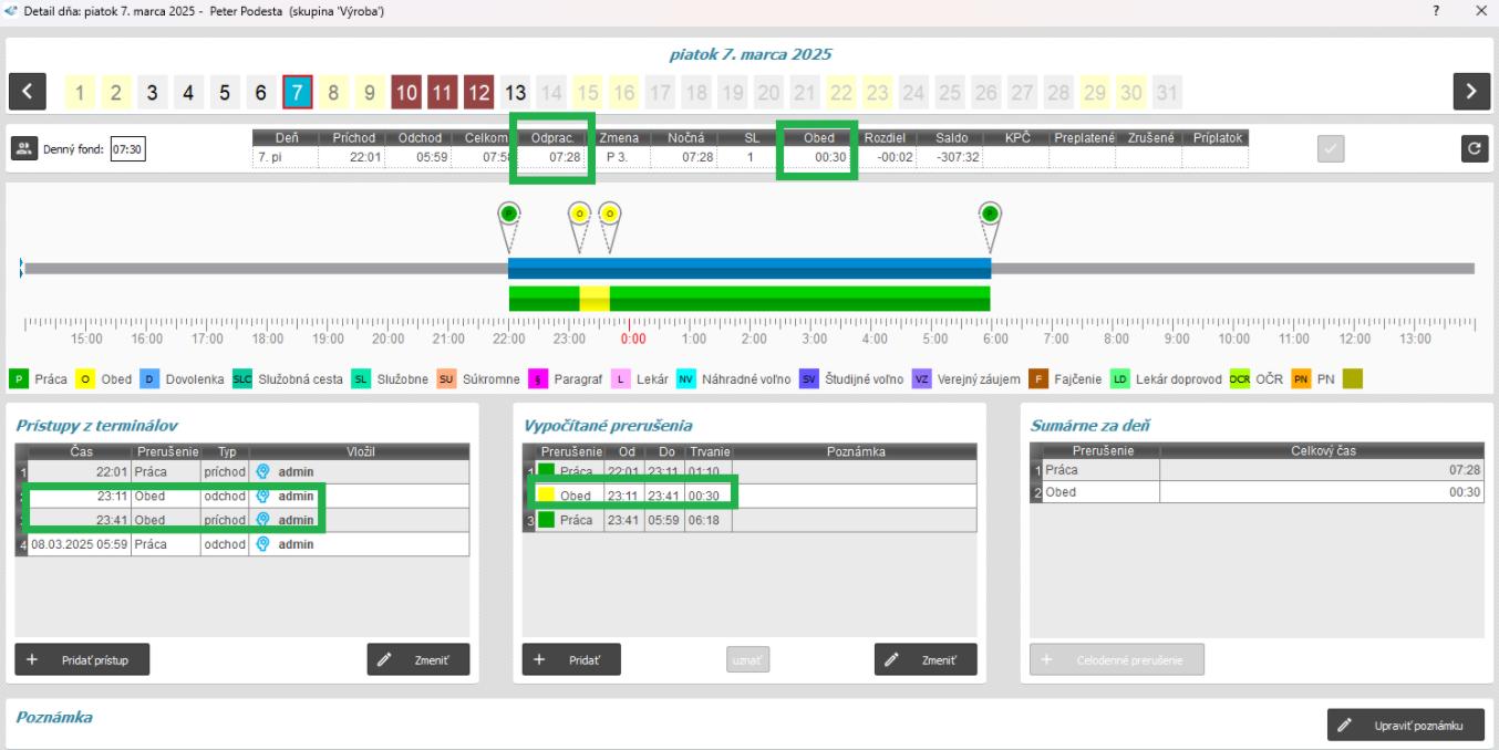 Automatické odpočítanie prestávky z nočnej v detaile dňa