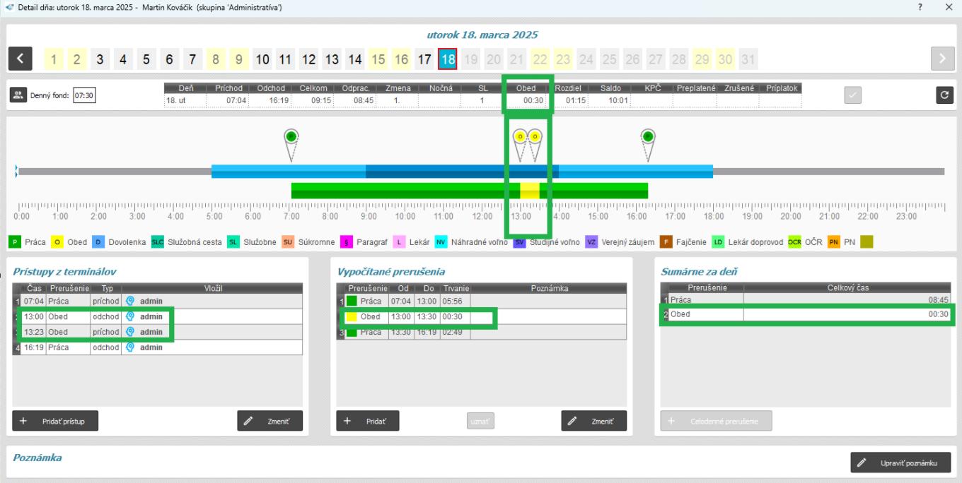 Automatický odpočet prestávky v detaile dňa