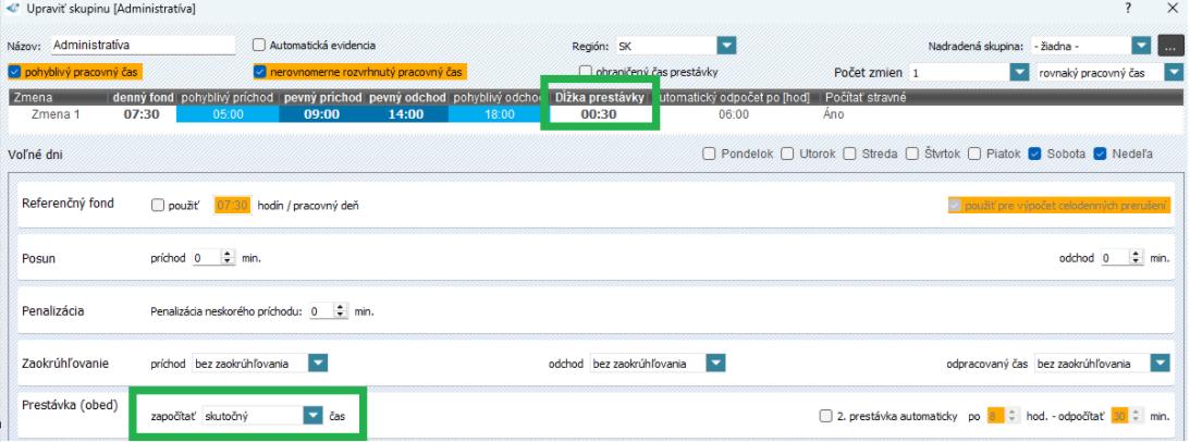 Maximálny, ohraničený čas prestávky v nastaveniach skupiny