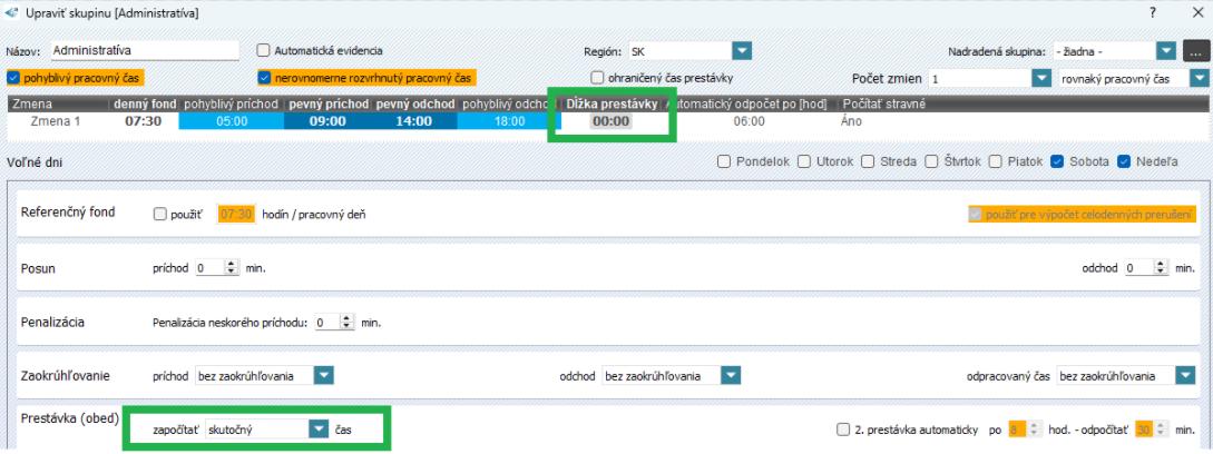 Skutočný čas prestávky, bez obmedzenia v nastavení skupiny