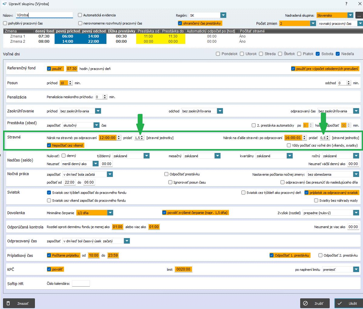 Karta zamestnanca - nastavenie stravnej jednotky