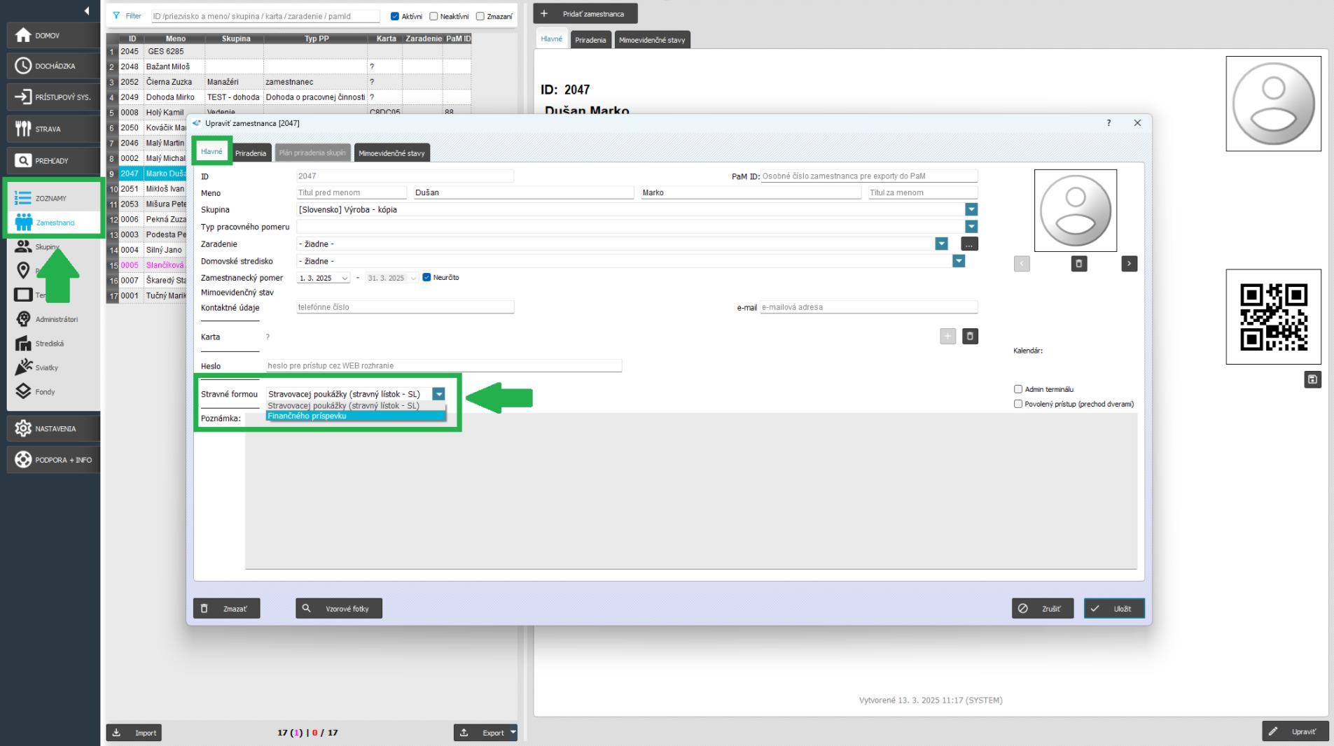 Karta zamestnanca - nastavenie stravnej jednotky