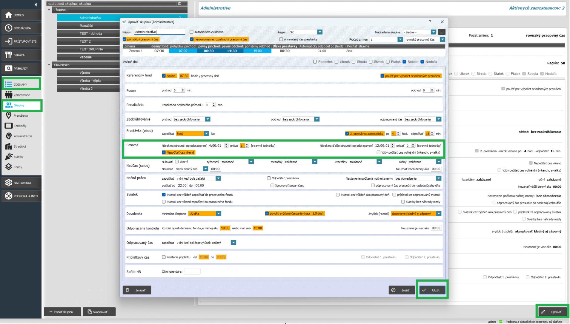 Stravné v nastavení skupiny