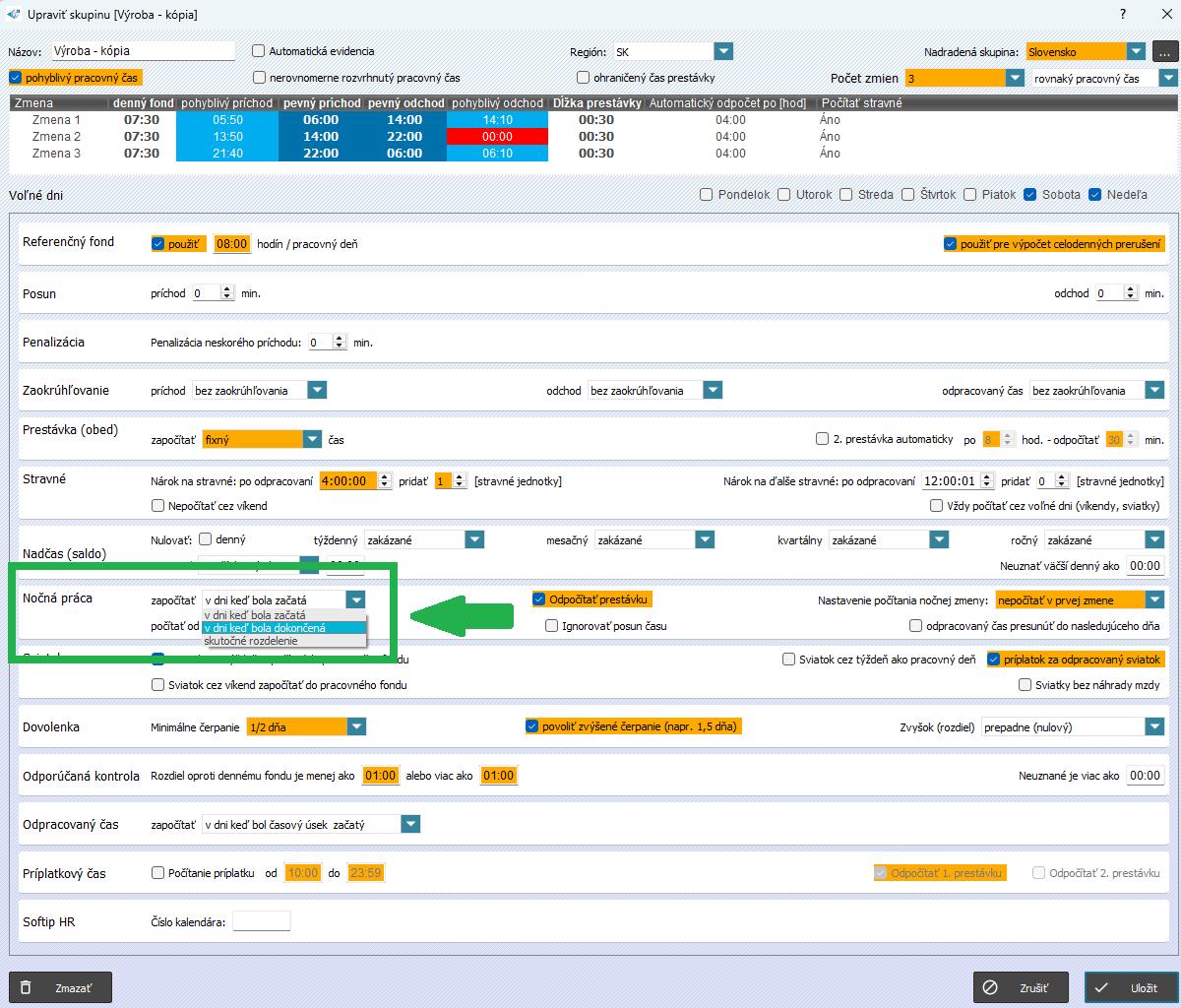 Nastavenie započítania nočnej práce v skupine