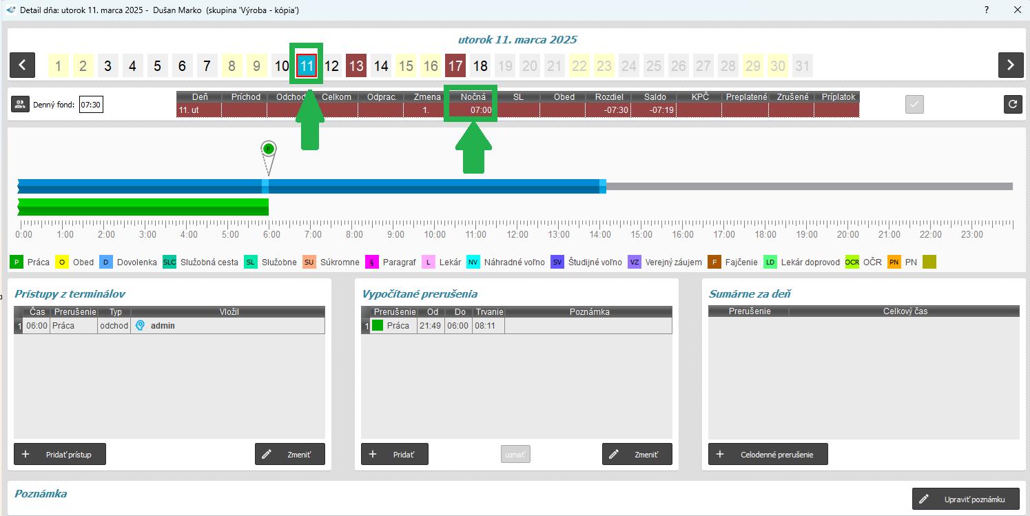 Zobrazenie - v dni, keď bola zmena dokončená - v detaile dňa - nasledujúci deň