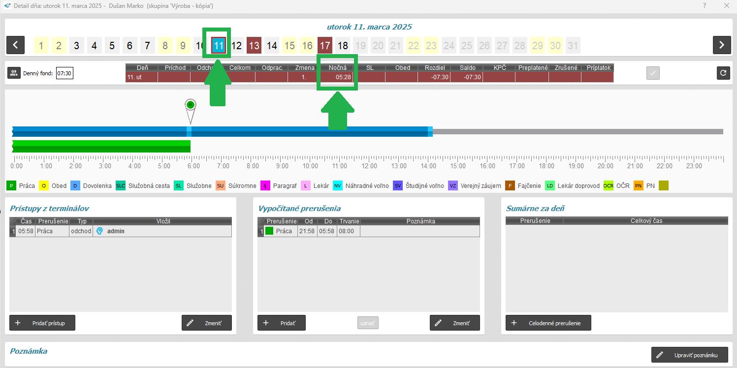 Zobrazenie - skutočné rozdelenie - v detaile dňa - nasledujúci deň