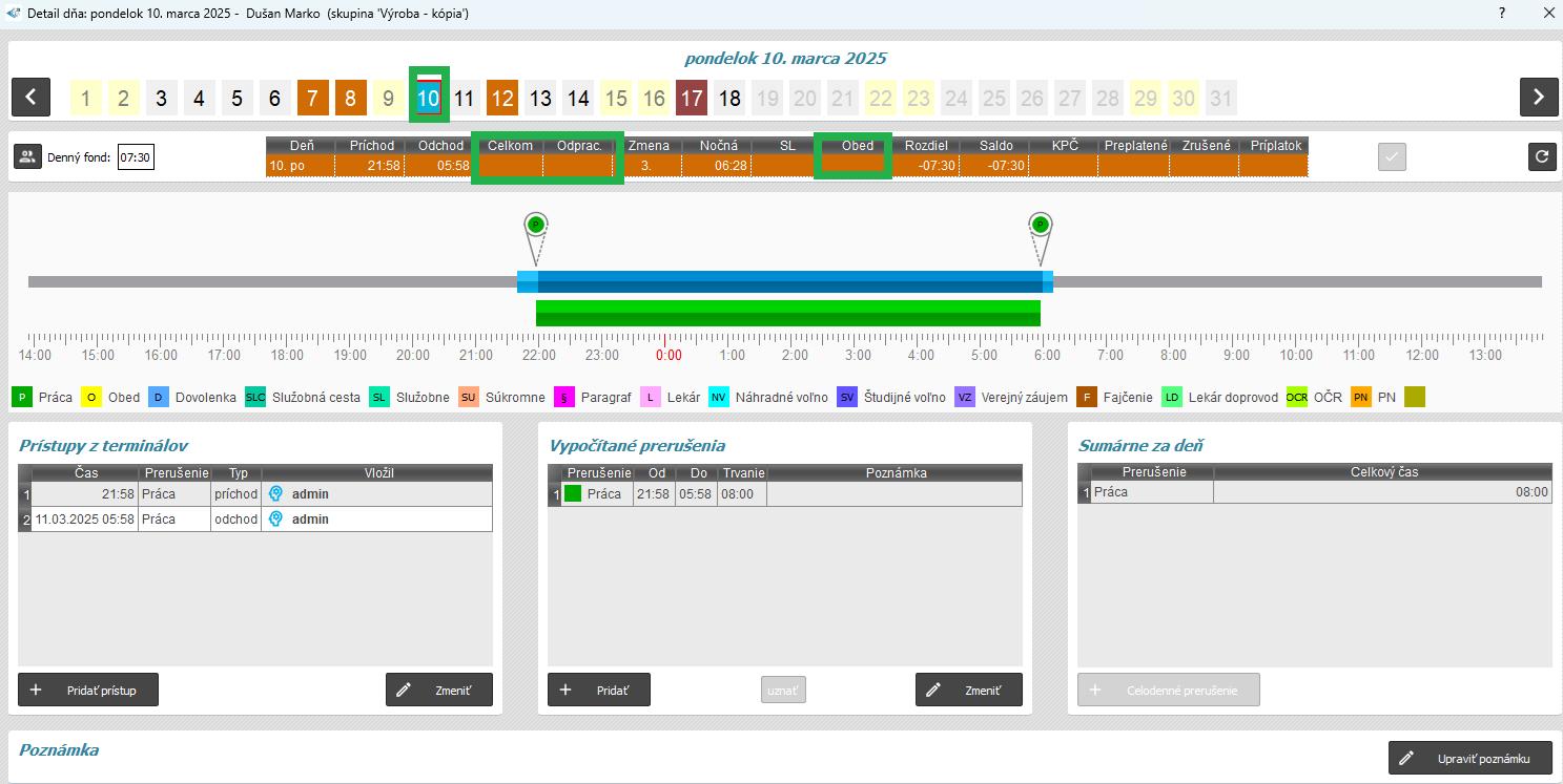 Odpracovaný čas presunúť do nasledujúceho dňa v detaile dňa