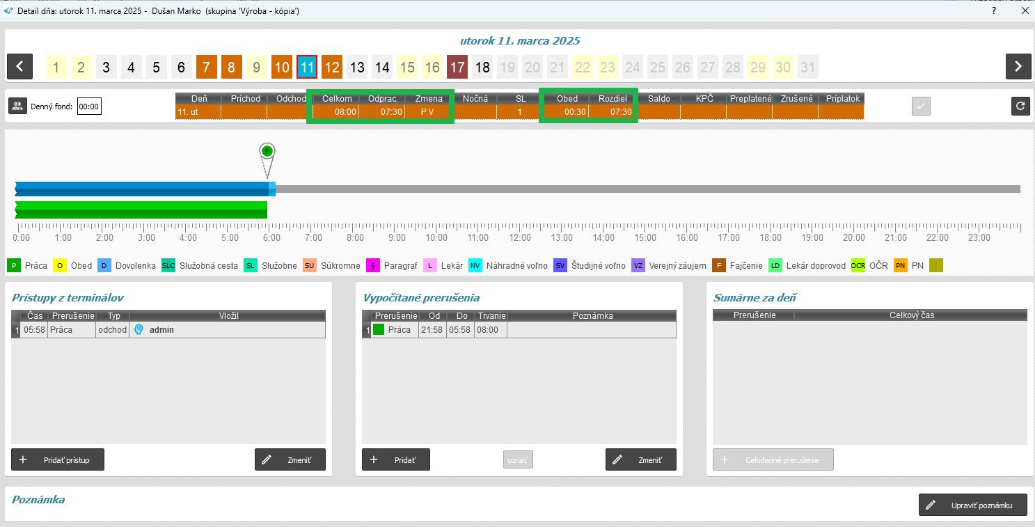 Odpracovaný čas presunúť do nasledujúceho dňa v detaile dňa - nasledujúci deň