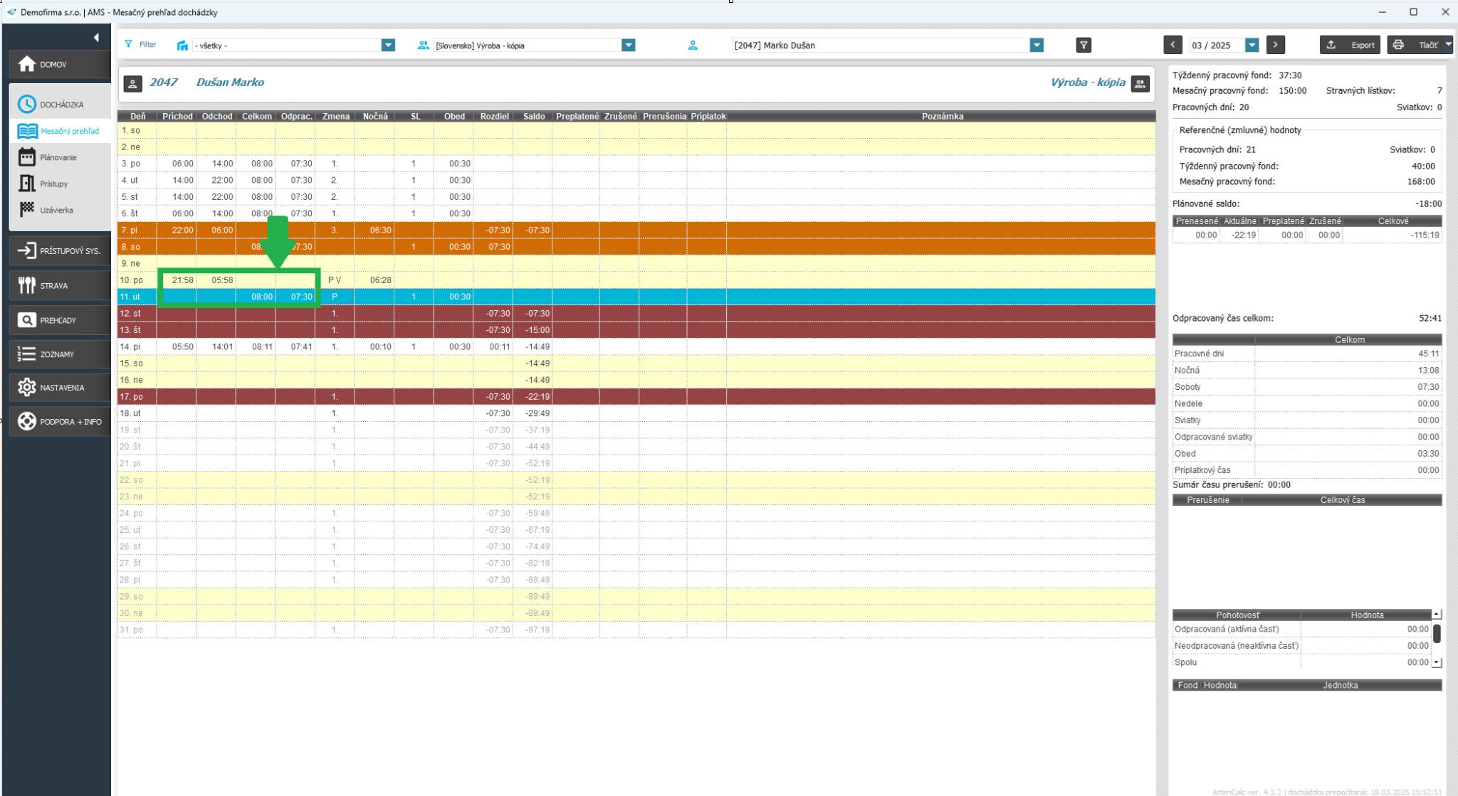 Odpracovaný čas presunúť do nasledujúceho dňa v mesačnom prehľade