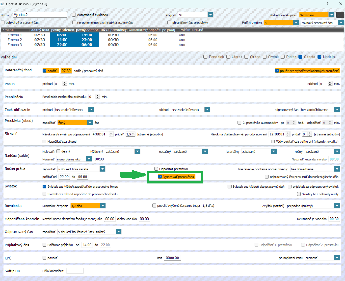 Ignorovať posun času v nastavení skupiny