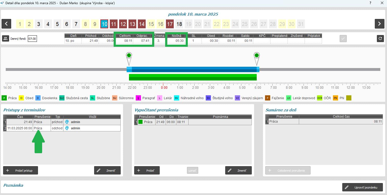 Odpočítať prestávku z nočnej práce v detaile dňa