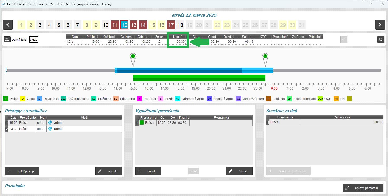 Zobrazenie počítania nočnej zmeny v detiale dňa - bez obmedzenia
