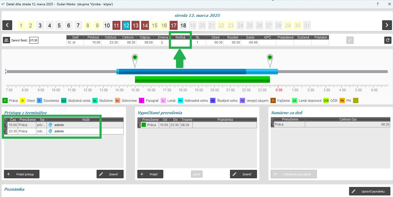 Zobrazenie počítania nočnej zmeny v detaile dňa - len v nočnej zmene