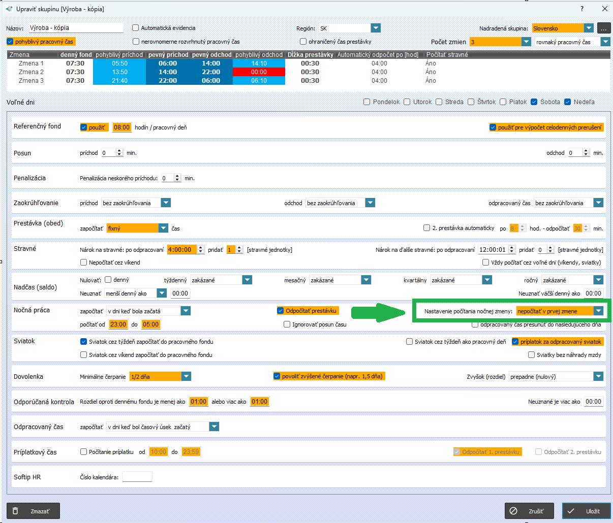 Nastavenie počítania nočnej zmeny v skupine - nepočítať v prvej zmene
