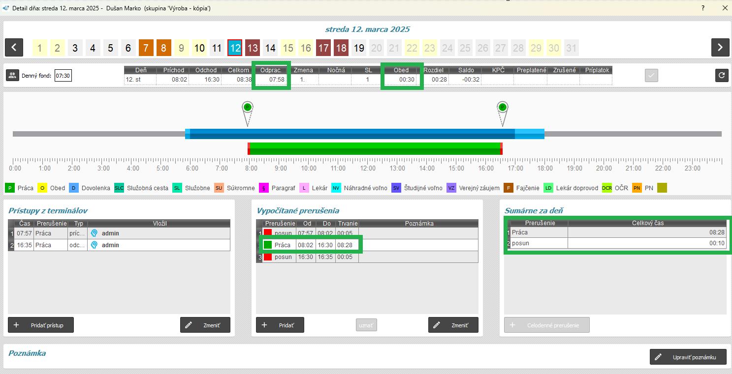 Zobrazenie posunu v detaile dňa