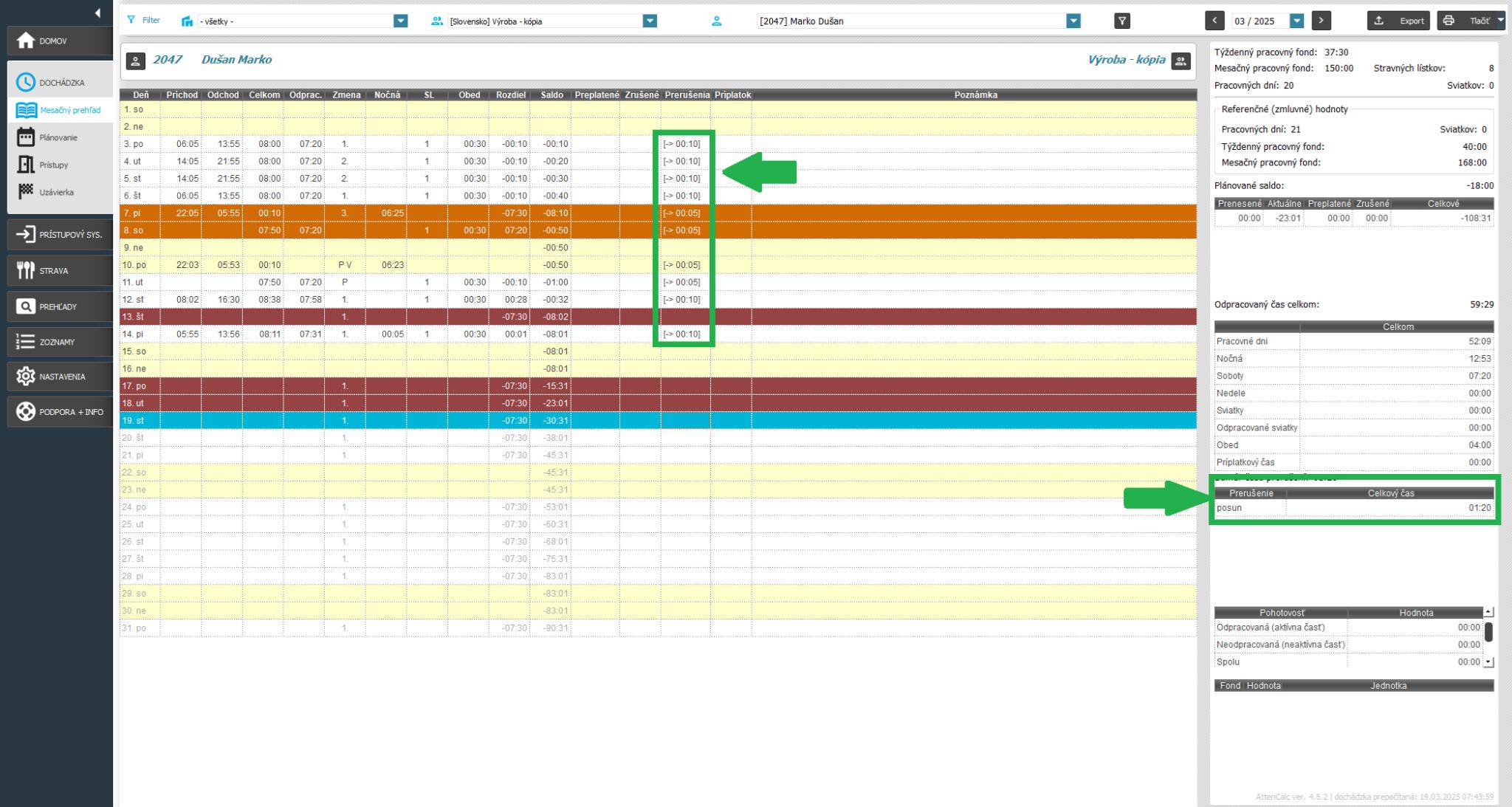 Zobrazenie posunu v mesačnom prehľade