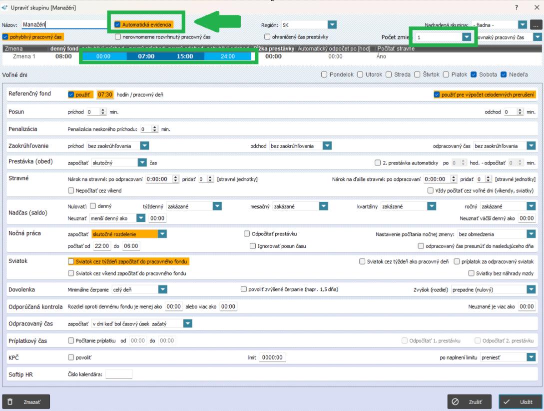 Automatická evidencia v nastaveniach skupiny