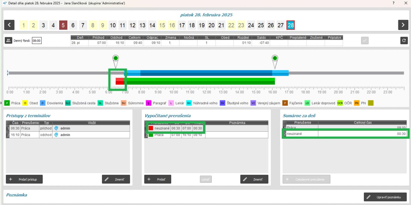 Pohyblivý pracovný čas - v detaile dňa - s neuznaným úsekom